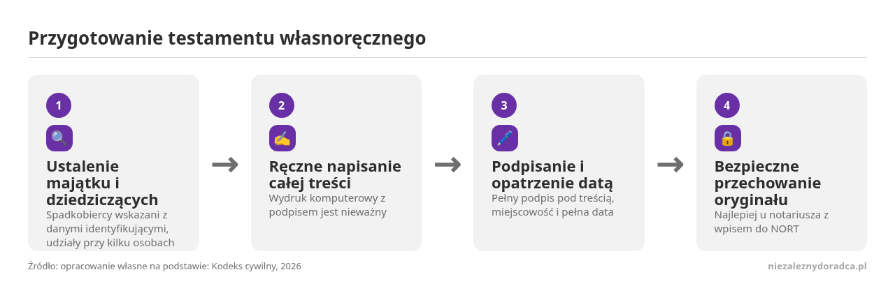 Kolejne kroki: Ustalenie majątku i dziedziczących, Ręczne napisanie całej treści, Podpisanie i opatrzenie datą, Bezpieczne przechowanie oryginału