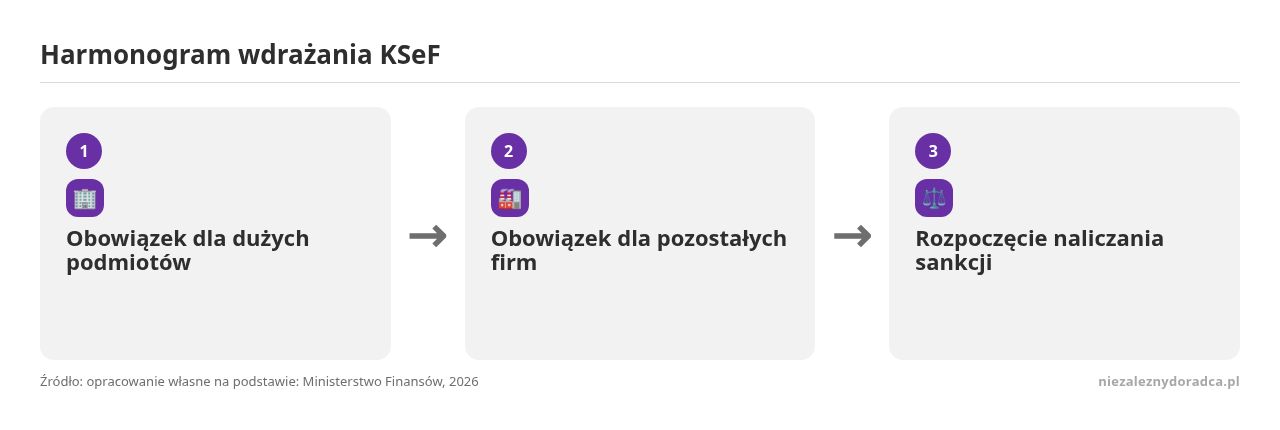 Kolejne kroki: Obowiązek dla dużych podmiotów, Obowiązek dla pozostałych firm, Rozpoczęcie naliczania sankcji